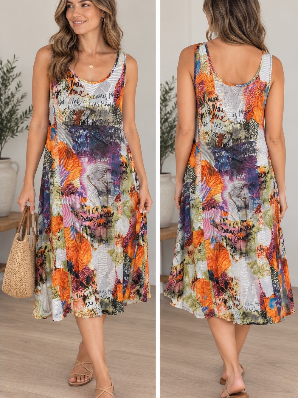 Sleeveless Multicolor Midi Dress with Abstract Floral Print
